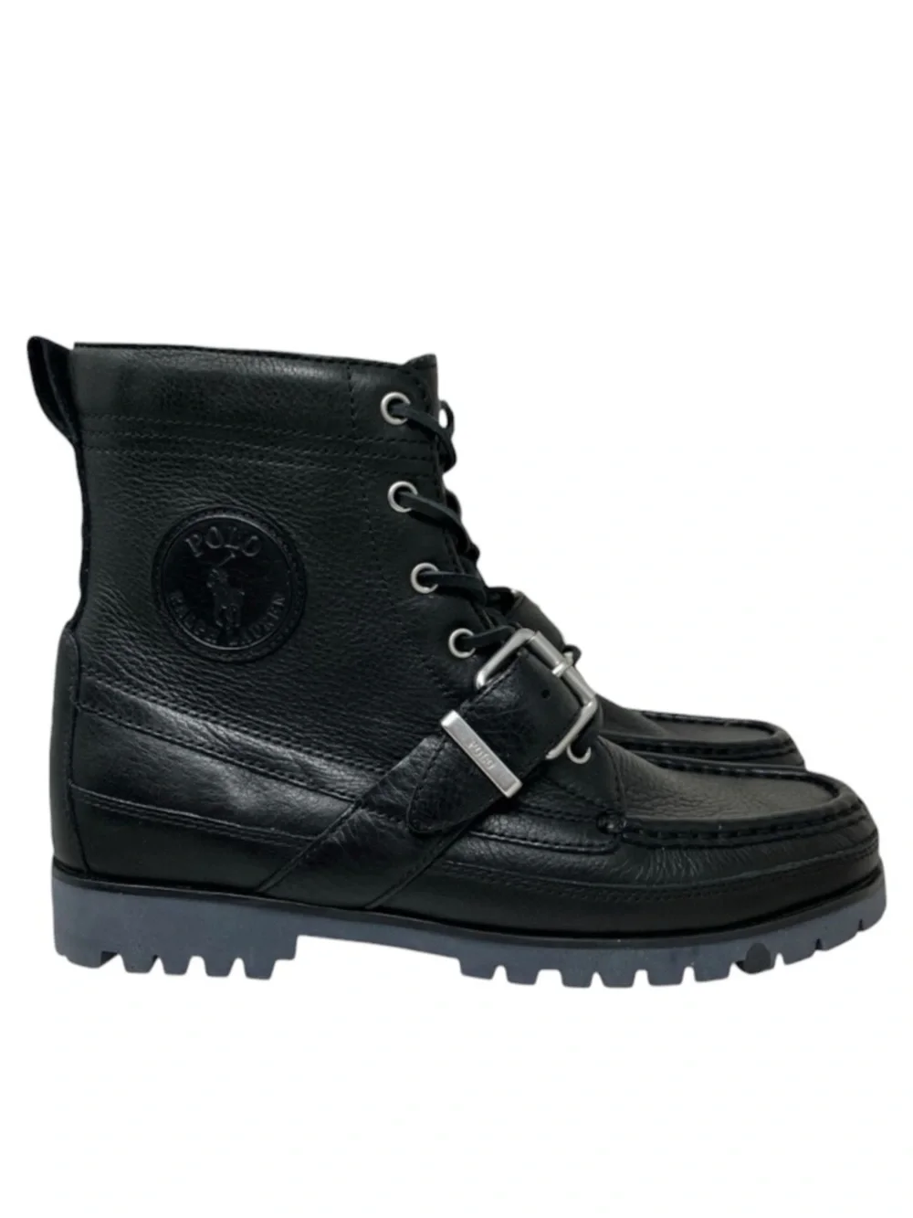 Polo Ralph Lauren Boots Mens 7 Black‎ Leather Ranger Lug Sole Rugged Buckle